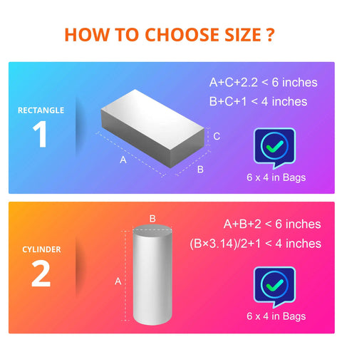 Guide on choosing size for Clear PVC Shrink Wrap Bags 4x6 Inches with Heat Seal, showing rectangle and cylinder dimensions.