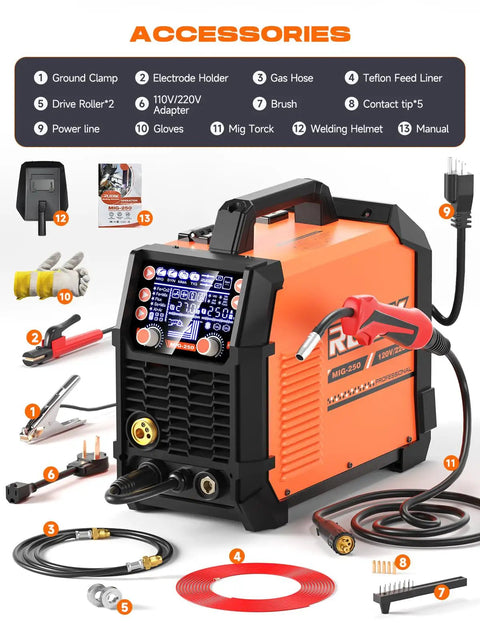 Aluminum 250 Amp 5 In 1 MIG Welder With MIG Stick Lift TIG Flux Core Gas Modes for DIY projects and accessories displayed