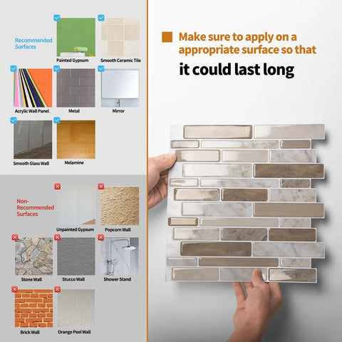 Peel And Stick Marble Look Tiles 12x12 Inch for Kitchen Backsplash And Bathroom shown with recommended surfaces.