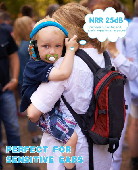 Kids Noise Cancelling Earmuffs With 25dB NRR Adjustable Headband Fireworks Pattern worn by toddler at outdoor event.