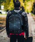 Lit Light Blue Celestial Star Chart Backpack for Everyday Use Unisex Large Capacity Daypack worn by person walking in park