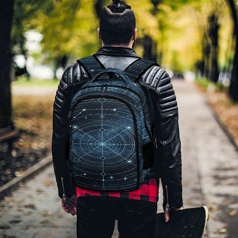 Lit Light Blue Celestial Star Chart Backpack for Everyday Use Unisex Large Capacity Daypack worn by person walking in park