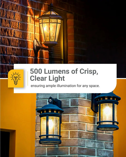 Outdoor lighting with Six Pack Dusk To Dawn LED B11 Filament Candelabra Bulbs for Porch, 500 Lumens, E12 Base, Soft White