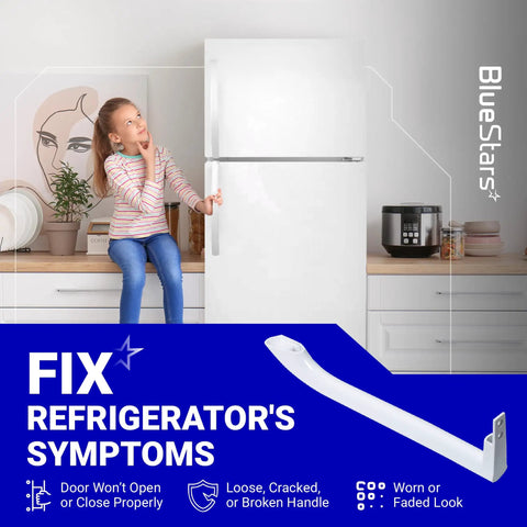 Replacement Refrigerator Door Handle Set For Frigidaire Freezers, Compatible With 5304486359, showing handle and symptoms fix.