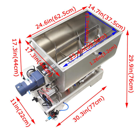 Built Like A Tank Horizontal Pneumatic Filling Machine With 80 Liter Heating Mixing Hopper and Stainless Steel Liquid Paste Filler dimensions and components.