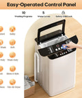 No Sweat 28 Lb Fully Automatic Portable Washing Machine Featuring 10 Smart Cycle Options And 5 Custom Water Levels control panel with various settings.