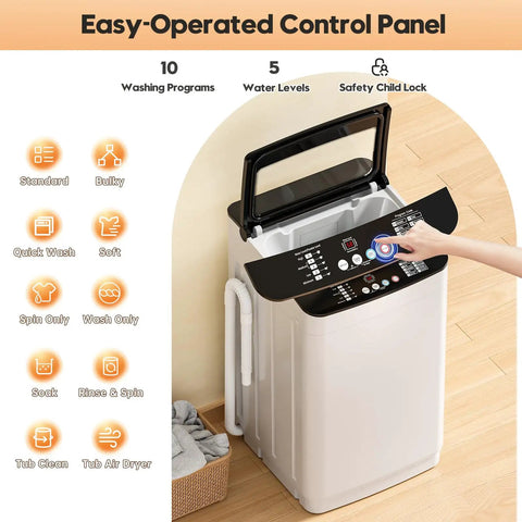 No Sweat 28 Lb Fully Automatic Portable Washing Machine Featuring 10 Smart Cycle Options And 5 Custom Water Levels control panel with various settings.