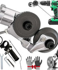 Drill Nibbler Attachment Sheet Metal Cutter For Electric Drills, Cuts Steel Aluminum Copper Stainless Steel With Smooth Edges No Sparks Or Burrs, Heavy Duty Pro Grade DIY Metalworking Tool Set including accessories, gloves, and electric drill.