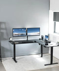 Corner Standing Desk With Electric Height Adjustment 63 X 55 Inch Reversible L Shaped Workstation for Home Office with dual monitors
