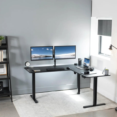 Corner Standing Desk With Electric Height Adjustment 63 X 55 Inch Reversible L Shaped Workstation for Home Office with dual monitors