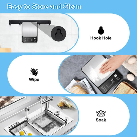 Waterproof Kitchen Scale IPX67 With 0.1g And 0.001oz Precision, 22lb Capacity, shown hangable, wipeable, soakable, easy to clean