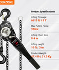KOERZORE 3-ton manual lever chain hoist with hooks and chain, front view