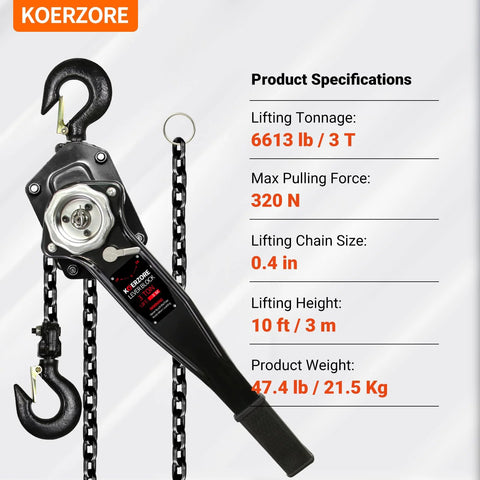 KOERZORE 3-ton manual lever chain hoist with hooks and chain, front view