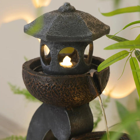 Outdoor Zen Water Fountain With LED Lights And Pump Tiered Pagoda Waterfalls Bowl for Patio Garden Yard, 35.5 inches tall, gray