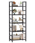 Heavy Duty Five Tier Bookshelf With Thick Wood Panels And Steel Frame Modern Tall Narrow Bookcase showcasing books and decor items.