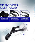 691366 dryer idler pulley from Dryer Repair Kit With Belt, Two Rear Drum Rollers, Idler Pulley, And Hardware For Whirlpool Kenmore Admiral Amana Dryers, DIY Ready Includes 349241T Rollers, 691366 Idler, 341241 Belt, Replaces AP3131942 And 587636, showcasing features like thickened metal and smooth surface.
