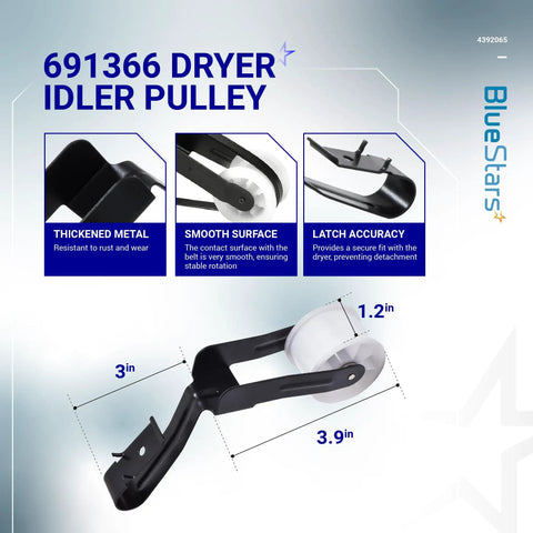 691366 dryer idler pulley from Dryer Repair Kit With Belt, Two Rear Drum Rollers, Idler Pulley, And Hardware For Whirlpool Kenmore Admiral Amana Dryers, DIY Ready Includes 349241T Rollers, 691366 Idler, 341241 Belt, Replaces AP3131942 And 587636, showcasing features like thickened metal and smooth surface.