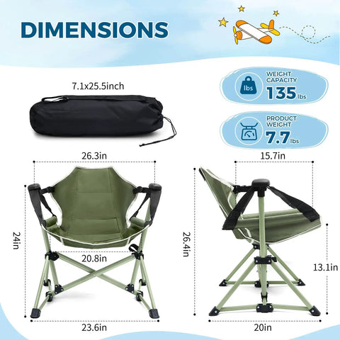 Dimensions and features of Kids Hammock Chair With Stand, with weight capacity of 135 lbs and folding design, shown in green.