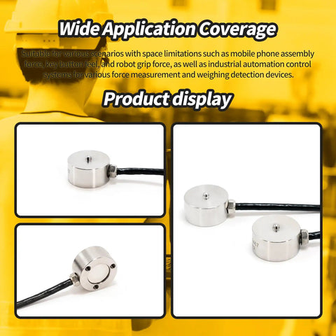 Compact Flush Diaphragm Button Load Cell Stainless Steel IP66 Compression Sensor For OEM Space Constrained Setups 10 To 500 Kg Range 0.5 Percent FS Ideal For Collaborative Robots End Of Arm Tooling And Servo Press Monitoring, shown in angled product display