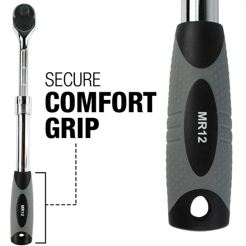 Close-up of grey and black extendable ratchet handle with secure grip for Extendable Ratchet Three Piece Set With 1 Quarter Inch 1 Half Inch And 3 Eighth Inch Drives Quick Release Head Telescoping Handles Lock In Place Grey And Black Beefy Tool Built For Tight Spaces And Auto Repairs.