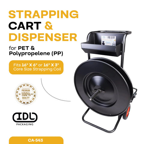 Heavy Duty Strapping Cart And Dispenser For Pet Polyester Banding With Mobile Rolling Stand Fits 16 Inch Cores Three Or Six Inches.