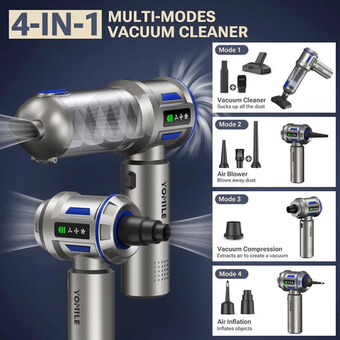 Graphic showcasing 4-in-1 multi-modes 2 In 1 Mini Vacuum Cleaner With Air Duster And Suction Function 27000Pa Brushless Car Vacuum 9000mAh Battery.