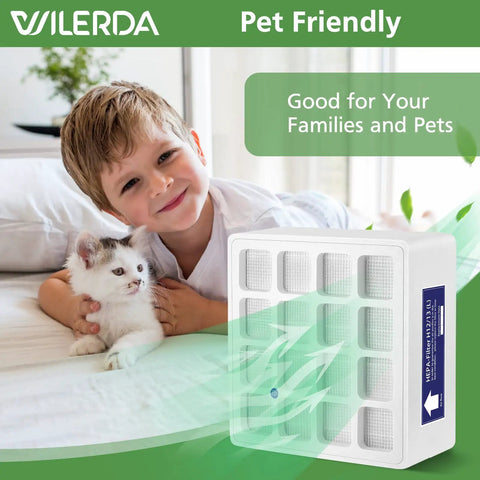 Child and cat next to HyperHEPA Replacement Filter For IQAir HealthPro Series F1 H13 True HEPA, 3rd Stage Compatible, on bed