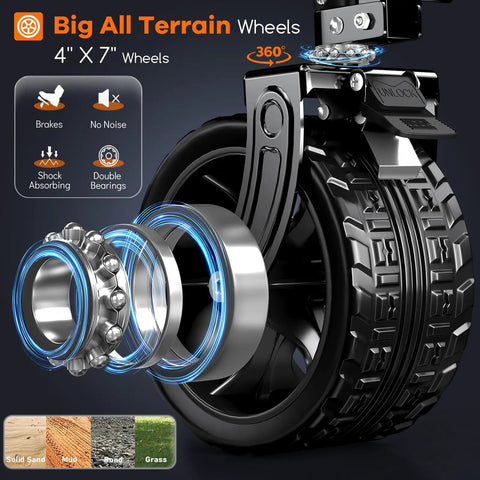 Close-up of the all-terrain wheel for a Heavy Duty Collapsible Wagon Cart With 220L Capacity And 460Lb Load, showcasing bearings.