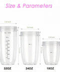 Diagram showing 320oz, 24oz, and 18oz blender cups with dimensions; part of 24oz Replacement Blender Cups With Lips For 600W And 900W High Speed Blenders Durable Easy Clean Jars With Secure Lids Fits Pro Series Blenders Kitchen Upgrade For Smoothies And Nutritious Mixes Grab And Go