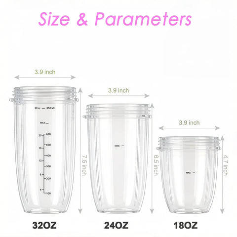 Diagram showing 320oz, 24oz, and 18oz blender cups with dimensions; part of 24oz Replacement Blender Cups With Lips For 600W And 900W High Speed Blenders Durable Easy Clean Jars With Secure Lids Fits Pro Series Blenders Kitchen Upgrade For Smoothies And Nutritious Mixes Grab And Go