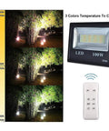 Spot Lighting 100W Led Solar Flood Lights Outdoor Dusk to Dawn Solar L,，， showing three color temperature options and remote.