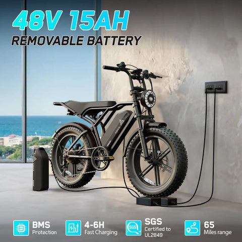 Powerful 1500W Peak Fat Tire Electric Bike for Adults with detachable battery charging indoors