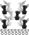 5 Pair Ball Lock Quick Disconnect Set For Corny Kegs Homebrewing With Barbed Nut Adapters, Gas And Liquid Disconnects, Includes 5/16 Inch Gas Barb Nut And 1/4 Inch Beer Barb Nut Adapters. black and white ball lock disconnects with clamps and O-rings