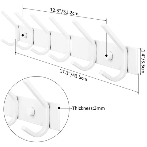 Wall Mounted Coat Rack With Six Heavy Duty Hooks, White Coat Hanger Wall Rack For Coats Jackets Hats And More, shown with dimensions