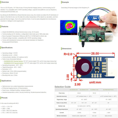 MLX90640 IR Array Thermal Imaging Camera With 32 By 24 Pixel Sensor, 110 Degree Field Of View, I2C Interface, diagram and usage guide