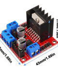 Red L298N Dual H Bridge DC Motor Driver Module with dimensions labeled for Arduino projects, includes control board for UNO MEGA R3