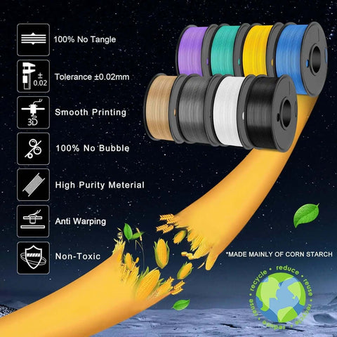 PLA 1.75mm Filament Bundle For 3D Printers, 2kg Total, 8 Spools Of 250g in various colors with eco-friendly icons