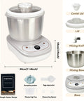 Heavy Duty Kitchen Game Changer Electric Dough Mixer With Auto Ferment Mode 7.4Qt Stainless Steel Bowl 250W Motor shown with accessories and dimensions.