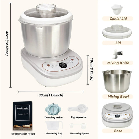 Heavy Duty Kitchen Game Changer Electric Dough Mixer With Auto Ferment Mode 7.4Qt Stainless Steel Bowl 250W Motor shown with accessories and dimensions.