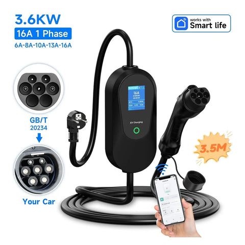 Slick Grab And Go Ev Charger With 3600W Fast Charge, 3.5M cable, Type 2 and Type 1 SAE J1772 GBT for quick charging.