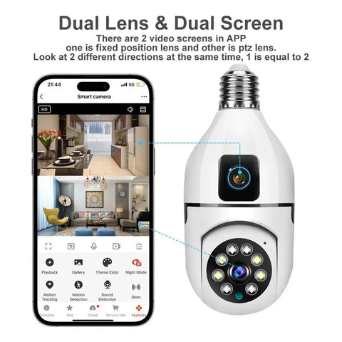 Dual Lens Indoor Wireless Security Camera Featuring Straight Up Crystal Clear Video And Kickass 360 Pan Tilt With Full Color Night Vision Smooth Dual Band WiFi Streaming And Legit Motion Tracking Alerts For Solid Home Protection displaying a smartphone app and camera showing dual screens.
