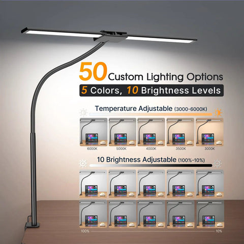 Infographic of 3 In 1 LED Floor Lamp Desk Clamp On With Remote Control showcasing adjustable brightness and color temperatures.