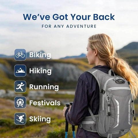 Person wearing Lightweight Hydration Backpack With 2L Bladder For Men And Women, suitable for cycling, running, hiking outdoors.