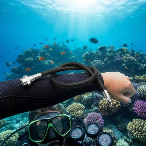 High Quality Pro Diving Dry Suit Hose Low Pressure Inflator Tube Air Connector Rubber Brass Fittings Secure Threads Stable Connection Buoyancy Control Black 32 Inch Long Tough Built Serious Scuba Kick Ass Gear Total Sweet Ride used by diver