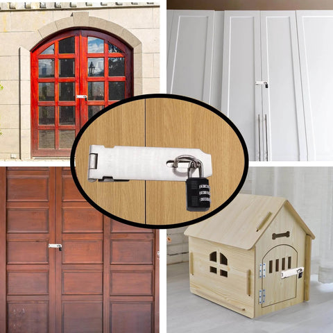 2 Pack 5 Inch 304 Stainless Steel Hasps Latch Set with Screws used on various doors and cabinets for security.
