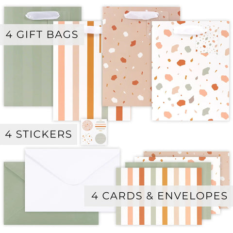 Grab And Go Medium Sized Gift Bag Set With Handles, 9 Inch, Includes Matching Tissue Paper, Cards, Stickers, And Envelopes