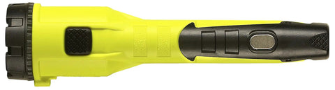 Side view of a yellow Dualie 3AA 245 Lumen Magnetic Intrinsically Safe Industrial Flashlight with spot flood beam and magnet clip.