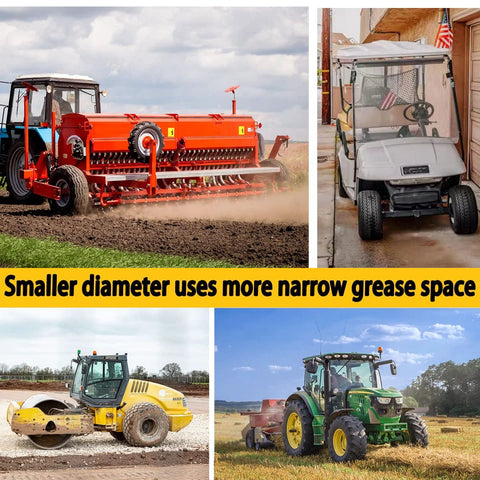 Grease gun coupler product collage with farm equipment: red planter, white golf cart, yellow roller, green tractor
