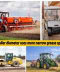 Collage of agricultural machinery: red seed planter, white utility cart, yellow road roller, green tractor.