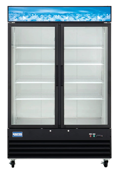 Heavy Duty Two Door Merchandising Freezer Featuring Slick Black Panels And A Generous 53 Inch Profile with transparent doors.